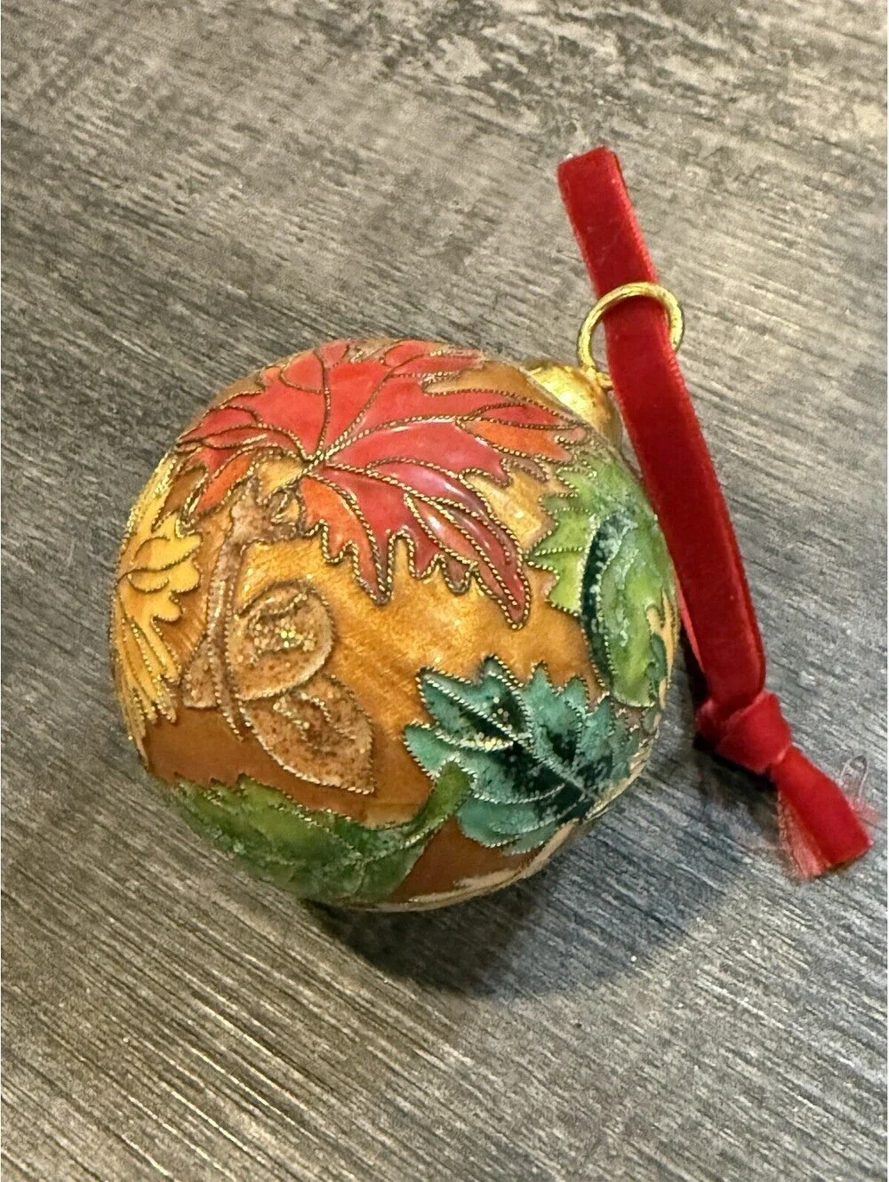 Cloisonne Enamel Golden Christmas Tree Ornament Floral Design 3”